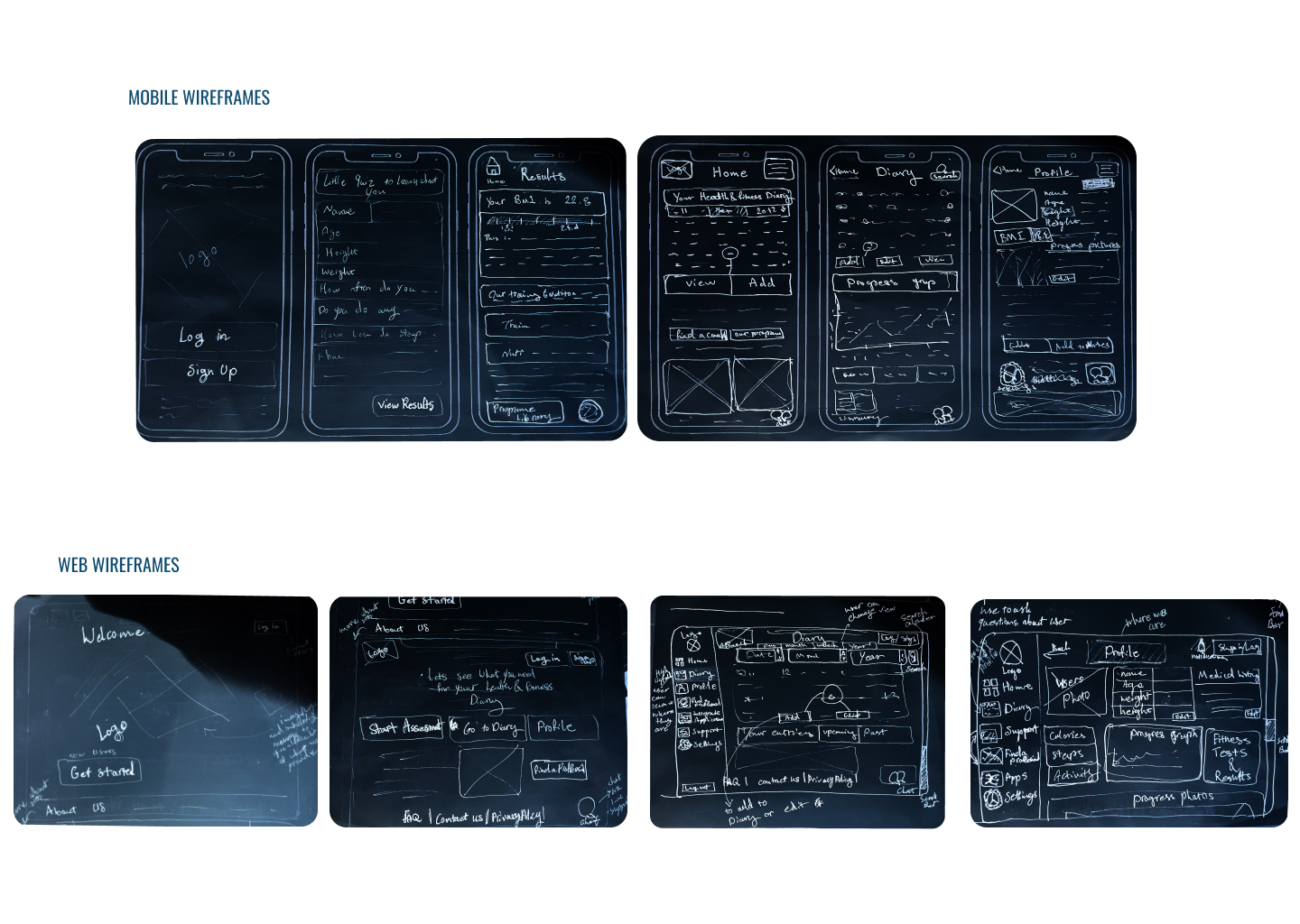 Hand-drawn sketches — mobile and web layouts
